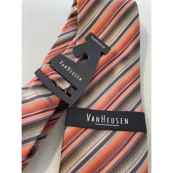 Van Heusen Silk Neck Tie Orange Brown Striped 100% Silk Hand Made Professional - Picture 4 of 6